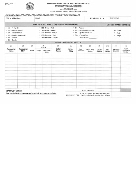 Fillable Form Wv/mft-508 B (Schedule 2) - Importer Schedule Of Tax-Unpaid Receipts Printable pdf