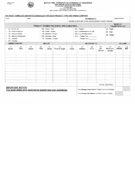 Fillable Form Wv/mft-507 B (Schedule 2) - Motor Fuel Transporter Schedule Of Deliveries Printable pdf