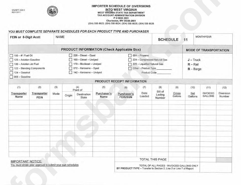 Form Wv/mft-508 D (Schedule 11) - Importer Schedule Of Diversions