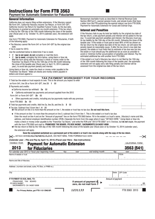 Fillable California Form 3563 (541) - Payment For Automatic Extension For Fiduciaries - 2013 Printable pdf