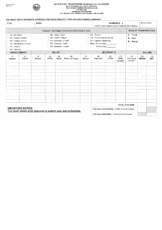 Fillable Form Wv/mft-507 C (Schedule 3) - Motor Fuel Transporter Schedule Of Deliveries Printable pdf