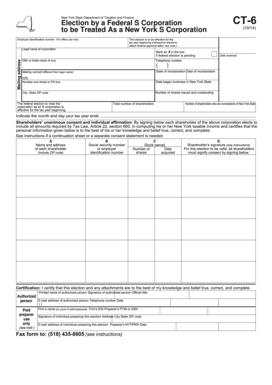 Fillable Form Ct-6 - Election By A Federal S Corporation To Be Treated As A New York S Corporation Printable pdf
