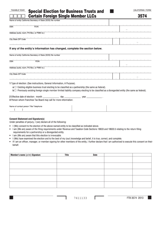 California Form 3574 - Special Election For Business Trusts And Certain Foreign Single Member Llcs Printable pdf