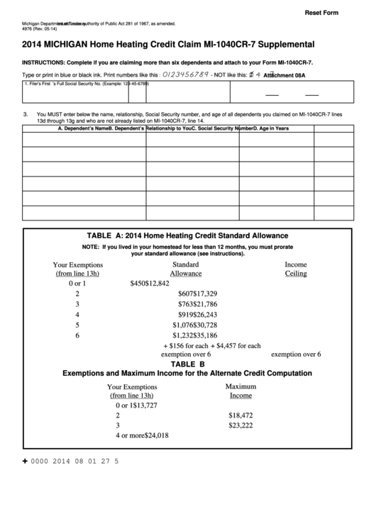 Fillable Form 4976 - Michigan Home Heating Credit Claim Mi-1040cr-7 Supplemental - 2014 Printable pdf