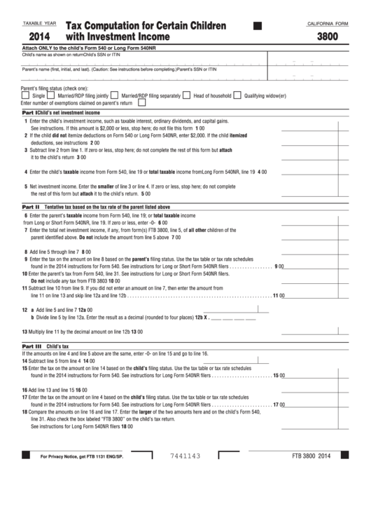 Form 3800 - Tax Computation For Certain Children With Investment Income - 2014 Printable pdf