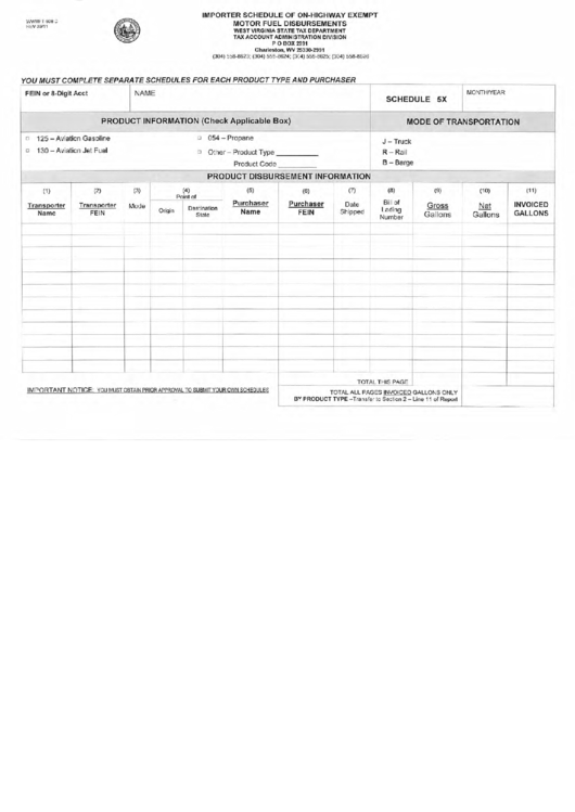 Fillable Form Wv/mft-508 C (Schedule 5x) - Importer Schedule Of On-Highway Exempt Motor Fuel Disbursements Printable pdf