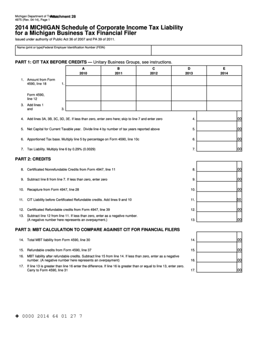 Form 4975 - Michigan Schedule Of Corporate Income Tax Liability For A Michigan Business Tax Financial Filer - 2014 Printable pdf