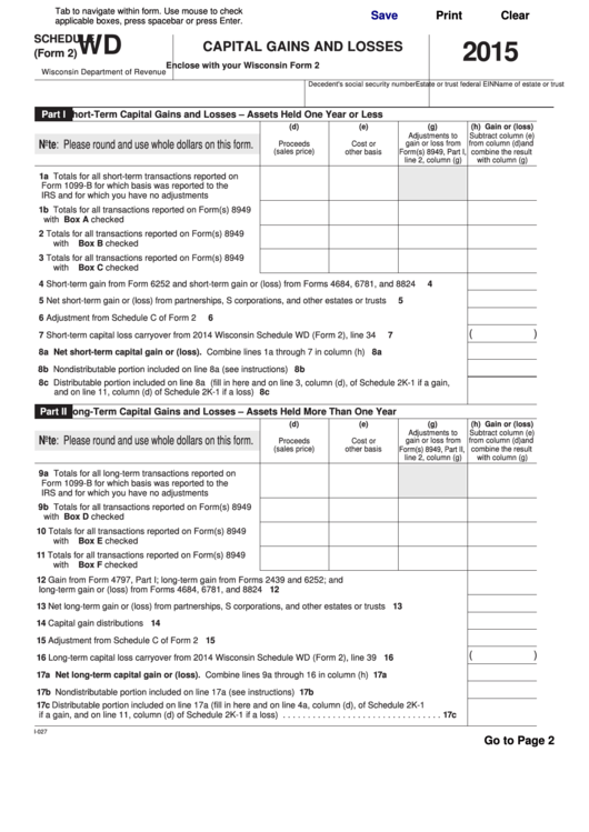 Fillable Form 2 - Wisconsin Capital Gains And Losses - 2015 Printable pdf