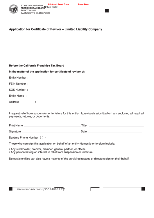 Fillable Form Ftb 3557 Llc - Application For Certificate Of Revivor - Limited Liability Company Printable pdf