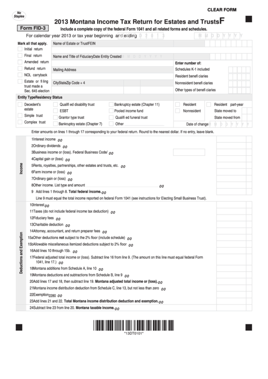 Fillable Form Fid-3 - Montana Income Tax Return For Estates And Trusts - 2013 Printable pdf