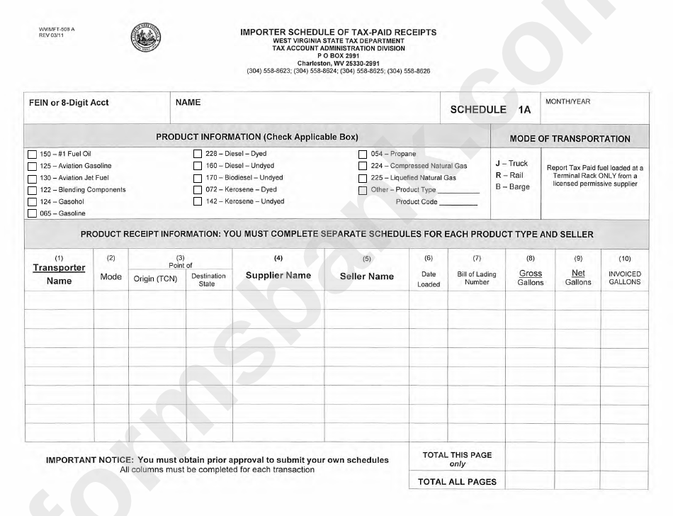 Form Wv/mft-508 A (Schedule 1a) - Importer Schedule Of Tax-Paid Receipts
