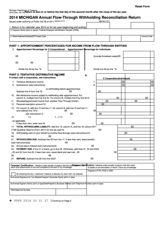 Fillable Form 4918 - Michigan Annual Flow-Through Withholding Reconciliation Return - 2014 Printable pdf