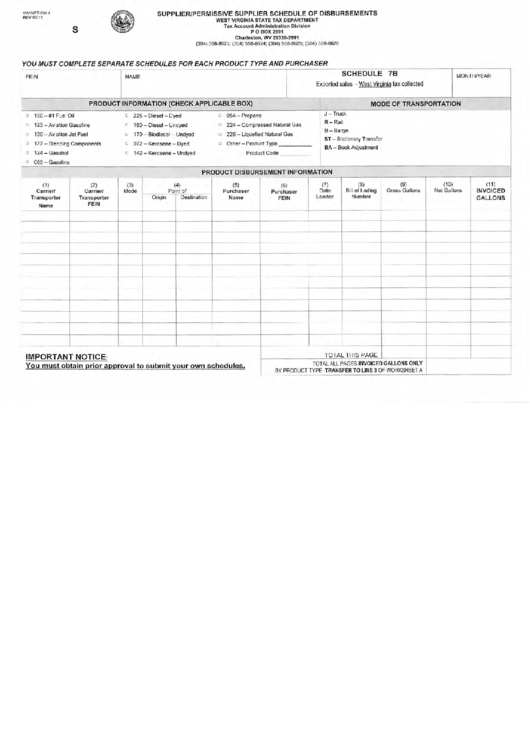 Fillable Form Wv/mft-504 I (Schedule 7b) - Supplier/permissive Supplier Schedule Of Disbursements Printable pdf