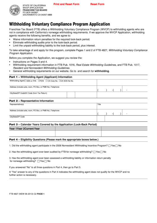 Fillable Form Ftb 4827 - Withholding Voluntary Compliance Program Application Printable pdf