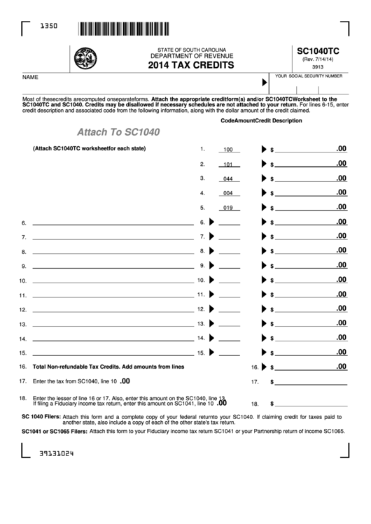 Fillable Form Sc1040tc - Tax Credits - 2014 Printable pdf