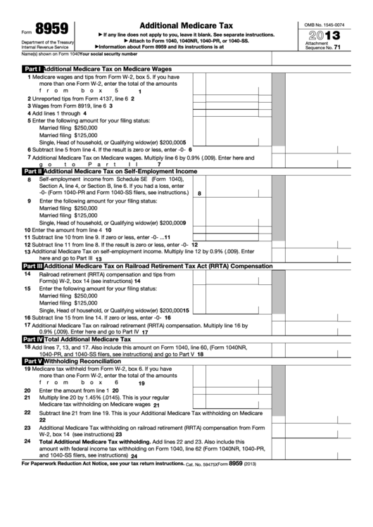 Fillable Form 8959 - Additional Medicare Tax - 2013 Printable pdf