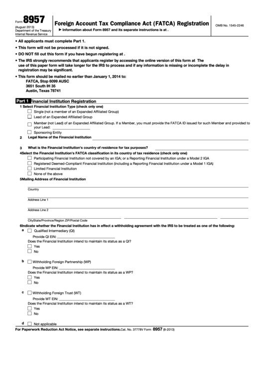 Fillable Form 8957 - Foreign Account Tax Compliance Act (Fatca) Registration Printable pdf