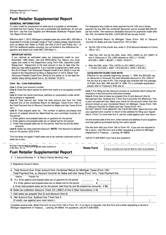 Fillable Form 2189 - Fuel Retailer Supplemental Report Printable pdf