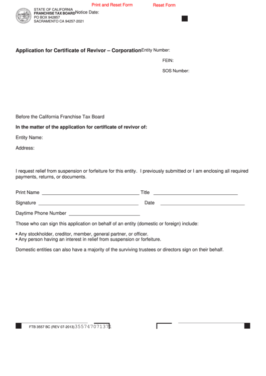 Fillable Form Ftb 3557 Bc - Application For Certificate Of Revivor - Corporation Printable pdf
