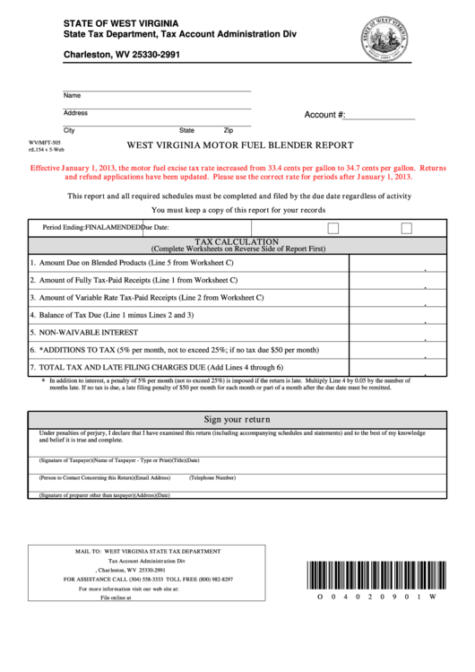 Fillable Form Wv/mft-505 - West Virginia Motor Fuel Blender Report Printable pdf