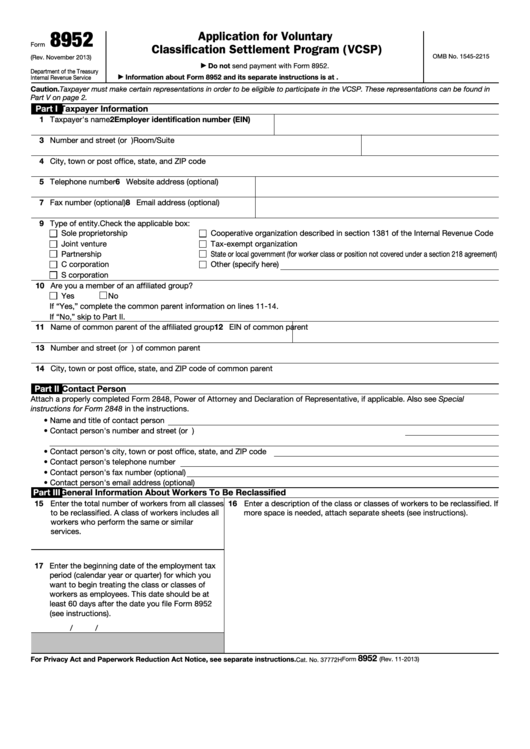 Fillable Form 8952 - Application For Voluntary Classification Settlement Program (Vcsp) Printable pdf