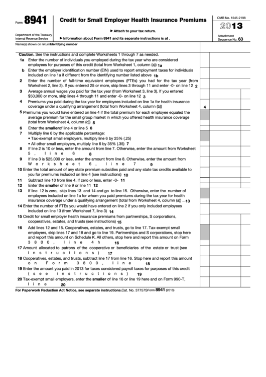 Fillable Form 8941 - Credit For Small Employer Health Insurance Premiums - 2013 Printable pdf