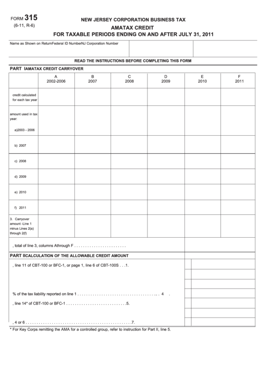 Form 315 - Ama Tax Credit - 2011 Printable pdf