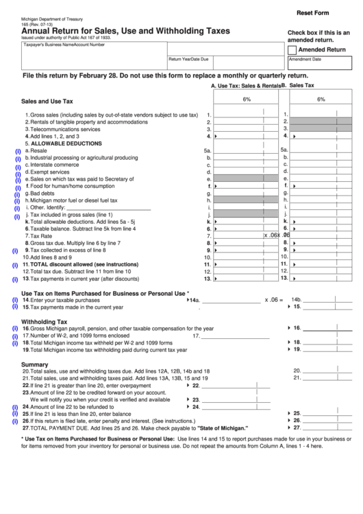 Fillable Form 165 - Annual Return For Sales, Use And Withholding Taxes Printable pdf