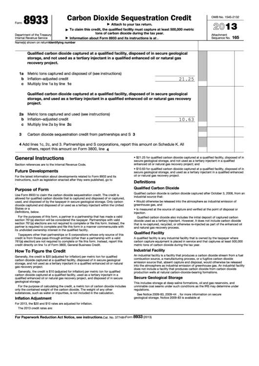 Fillable Form 8933 - Carbon Dioxide Sequestration Credit - 2013 Printable pdf
