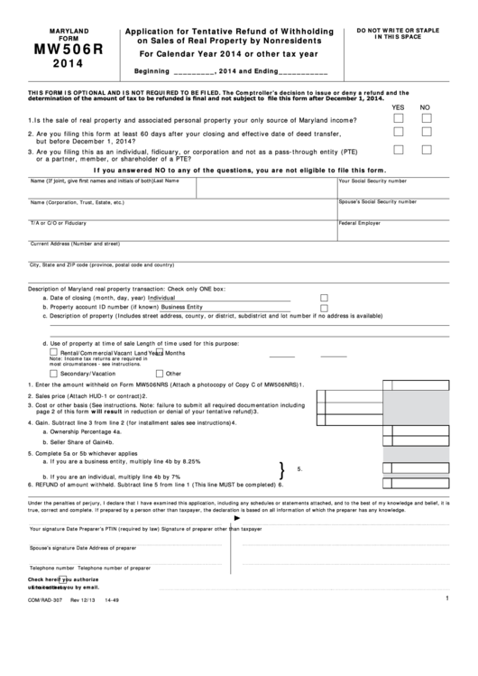 Fillable Maryland Form Mw506r - Application For Tentative Refund Of Withholding On Sales Of Real Property By Nonresidents - 2014 Printable pdf