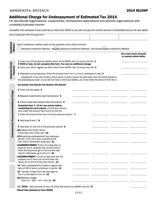 Fillable Form M15np - Additional Charge For Underpayment Of Estimated Tax - 2014 Printable pdf