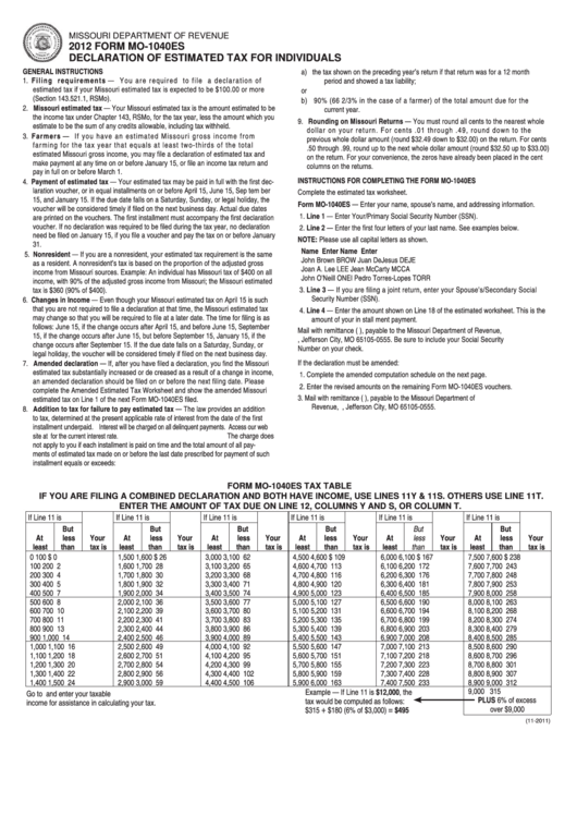 Form Mo-1040es - Declaration Of Estimated Tax For Individuals - 2012 Printable pdf