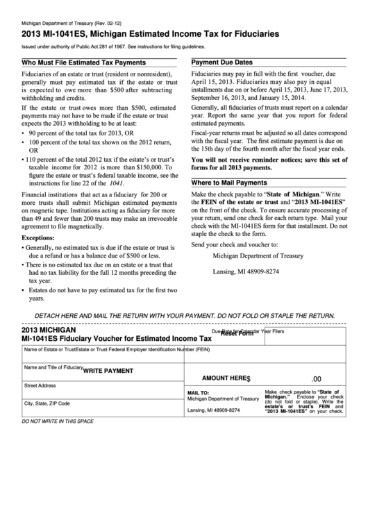 Fillable Form Mi-1041es - Michigan Estimated Income Tax For Fiduciaries - 2013 Printable pdf
