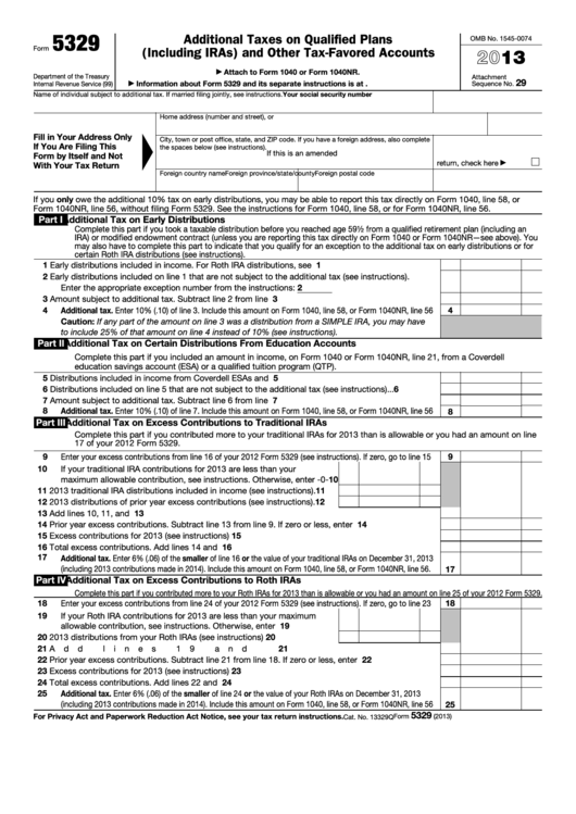 Fillable Form 5329 - Additional Taxes On Qualified Plans (Including Iras) And Other Tax-Favored Accounts - 2013 Printable pdf
