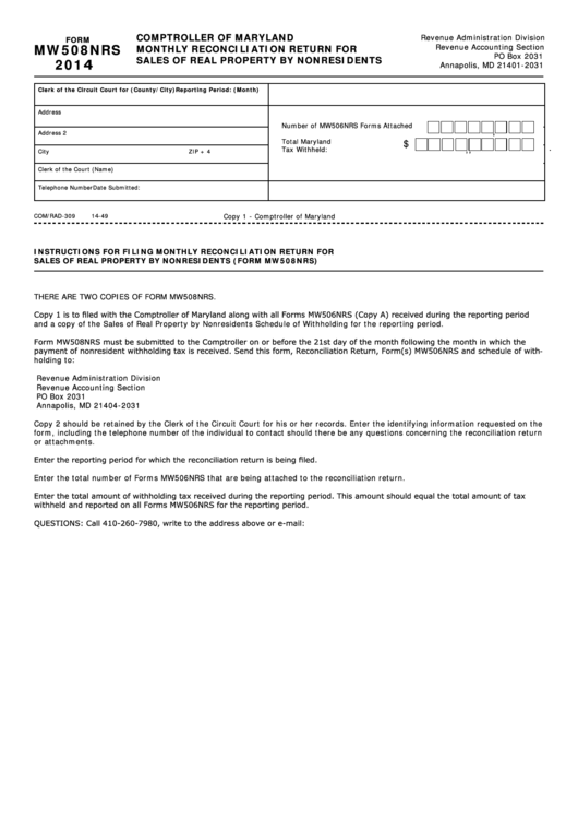 Fillable Form Mw508nrs - Comptroller Of Maryland Monthly Reconciliation Return For Sales Of Real Property By Nonresidents - 2014 Printable pdf