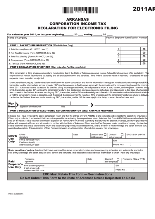 Form Ar8453-C - Corporation Income Tax Declaration For Electronic Filing - 2011 Printable pdf