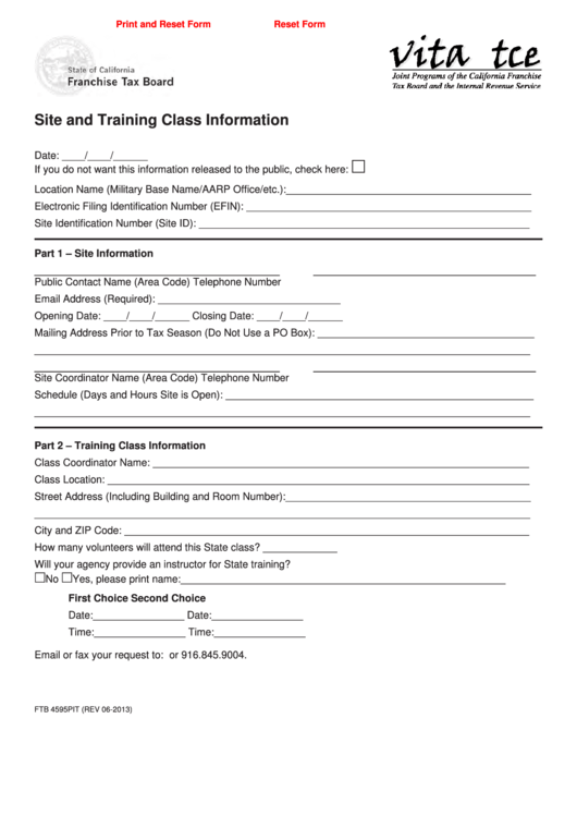 Fillable Form Ftb 4595pit - Site And Training Class Information Printable pdf