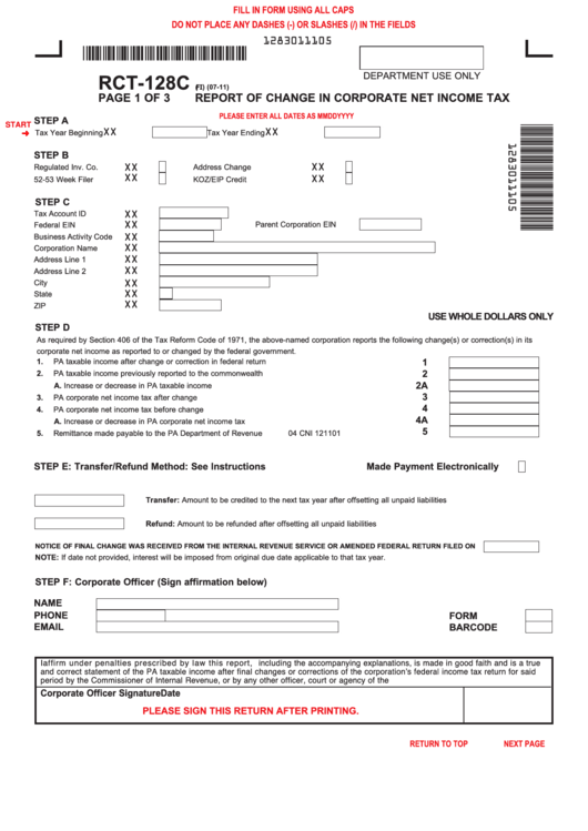 Fillable Form Rct-128c - Report Of Change In Corporate Net Income Tax Printable pdf