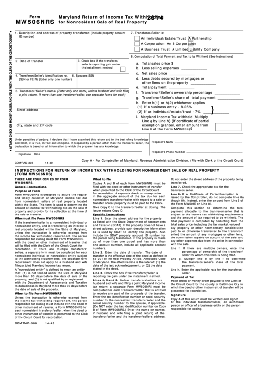 Fillable Form Mw506nrs - Maryland Return Of Income Tax Withholding For Nonresident Sale Of Real Property - 2014 Printable pdf