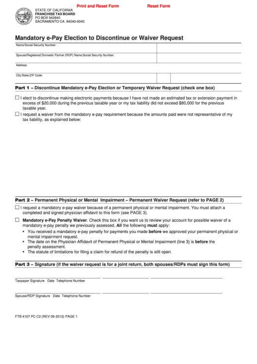 Fillable Form Ftb 4107 Pc C2 - Mandatory E-Pay Election To Discontinue Or Waiver Request Printable pdf