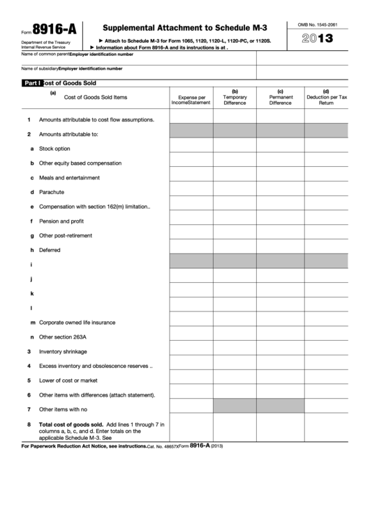 Fillable Form 8916-A - Supplemental Attachment To Schedule M-3 - 2013 Printable pdf