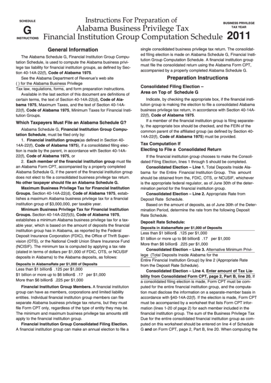 Schedule G Instruction - Alabama Business Privilege Tax Financial Institution Group Computation Schedule - 2011 Printable pdf