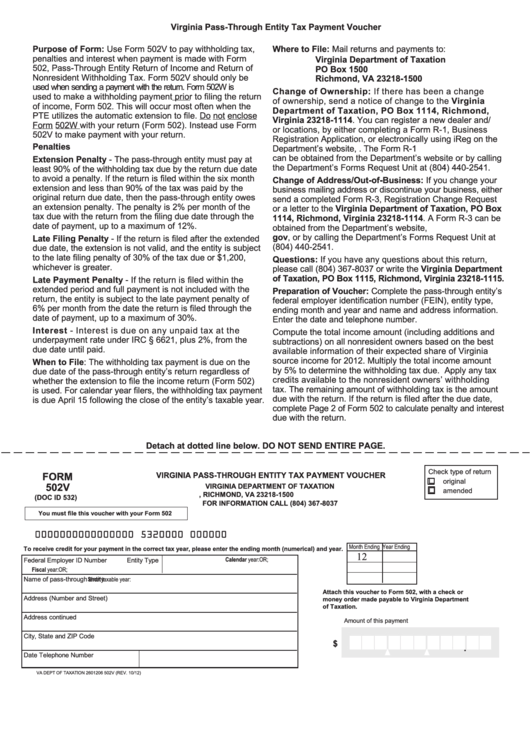 Fillable Form 502v - Virginia Pass-Through Entity Tax Payment Voucher Printable pdf