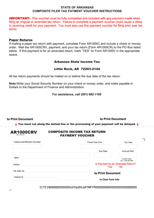 Fillable Form Ar1000crv - Composite Income Tax Return Payment Voucher Printable pdf