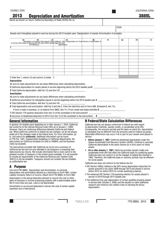 Fillable California Form 3885l - Depreciation And Amortization - 2013 Printable pdf