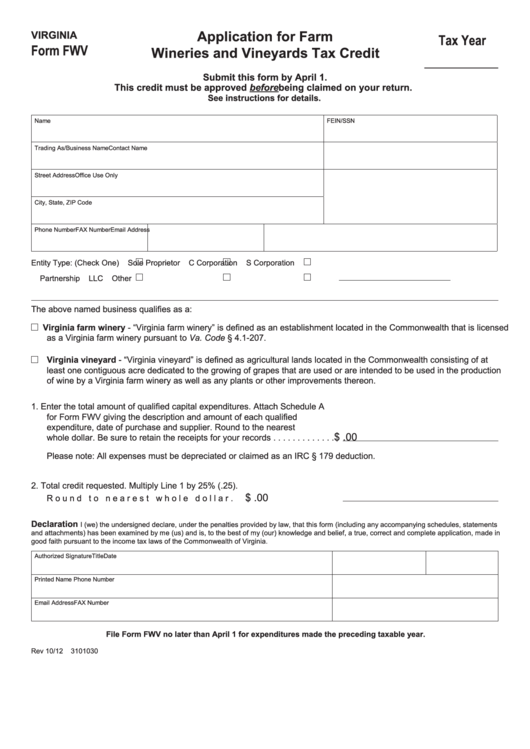Fillable Virginia Form Fwv - Application For Farm Wineries And Vineyards Tax Credit Printable pdf