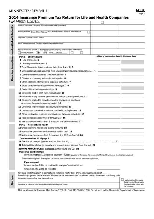 Fillable Form M11l - Insurance Premium Tax Return For Life And Health Companies - 2014 Printable pdf