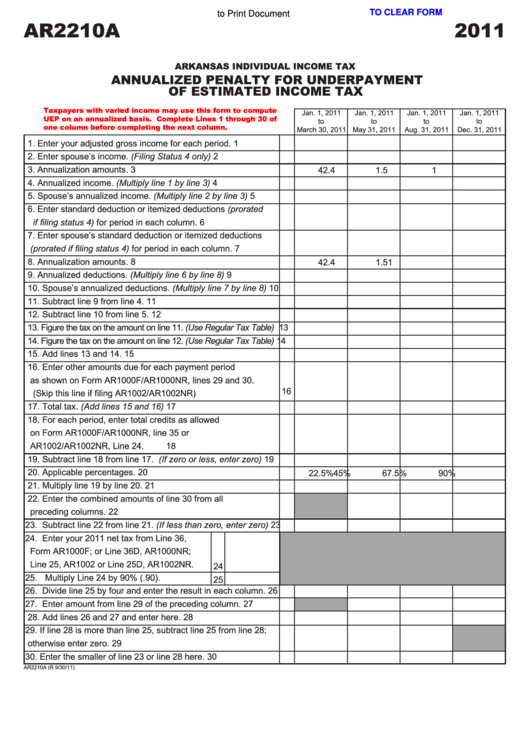 Fillable Form Ar2210a - Annualized Penalty For Underpayment Of Estimated Income Tax - 2011 Printable pdf