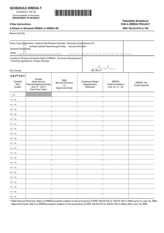 Schedule Kreda-T (Form 41a720-S17) - Tracking Schedule For A Kreda Project Printable pdf