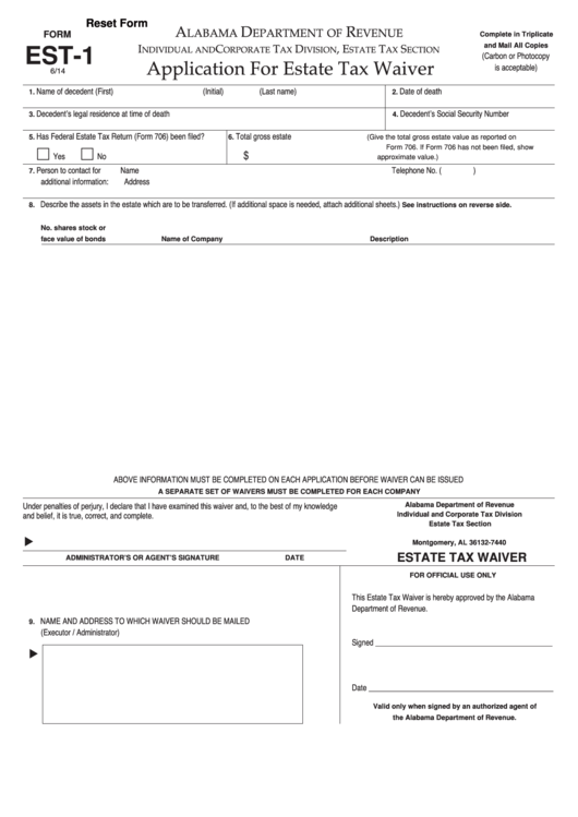 Fillable Form Est-1 - Alabama Application For Estate Tax Waiver Printable pdf